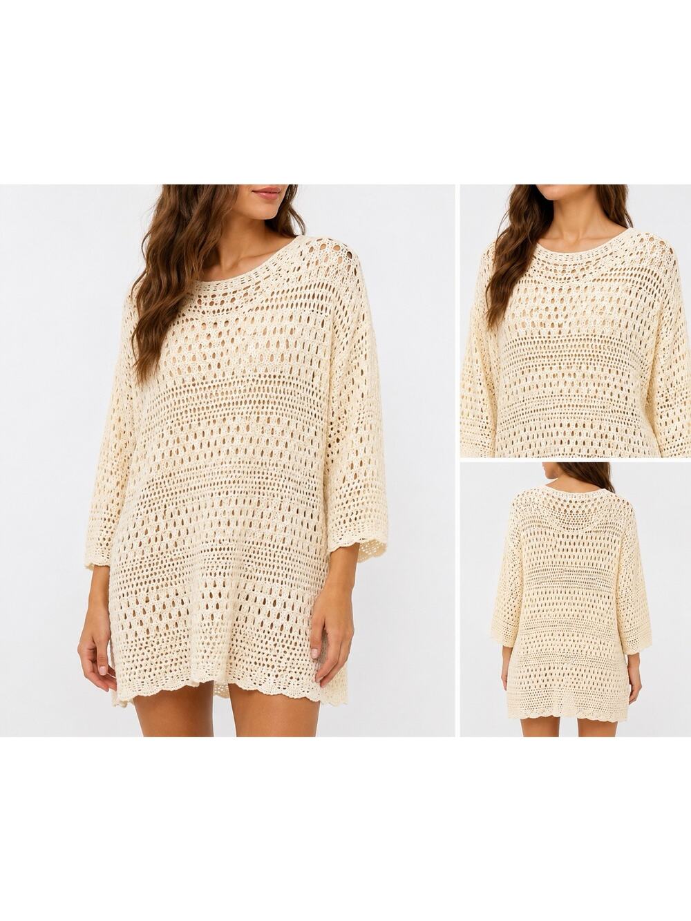 Sampeel Women’s XXL Ivory Crochet Open Knit Tunic Dress Swim Cover Up 3/4 Sleeve